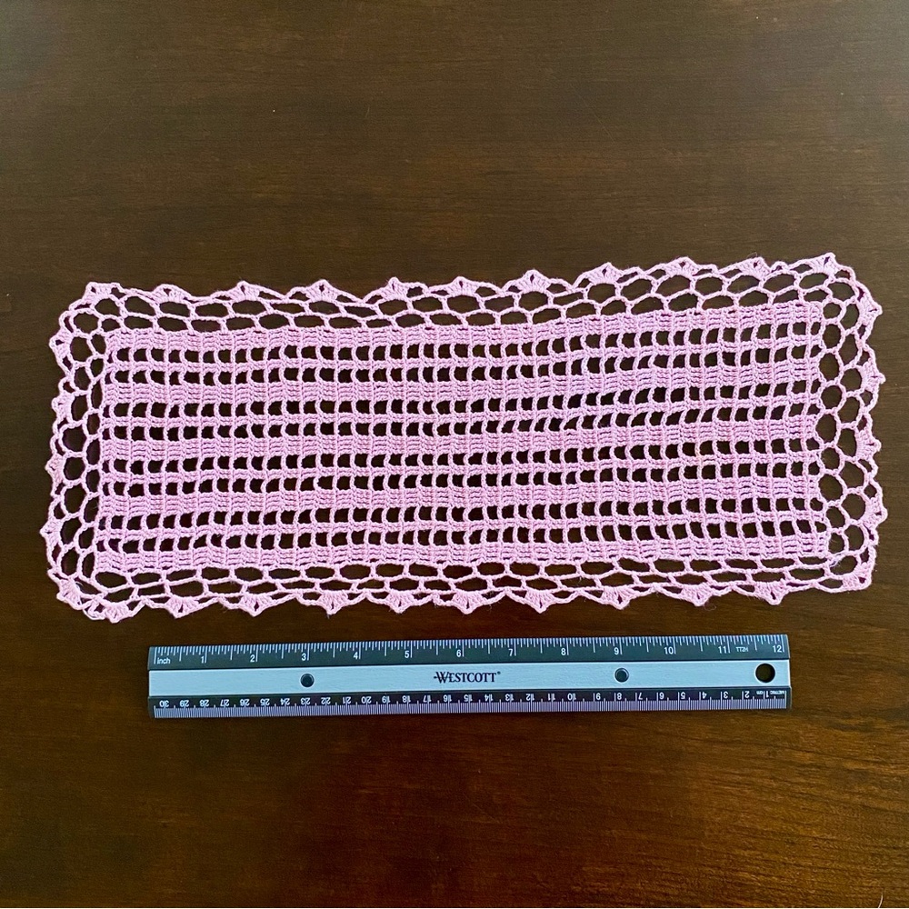 Hand-made doily. Pink Coral. 16” x 7”. D1